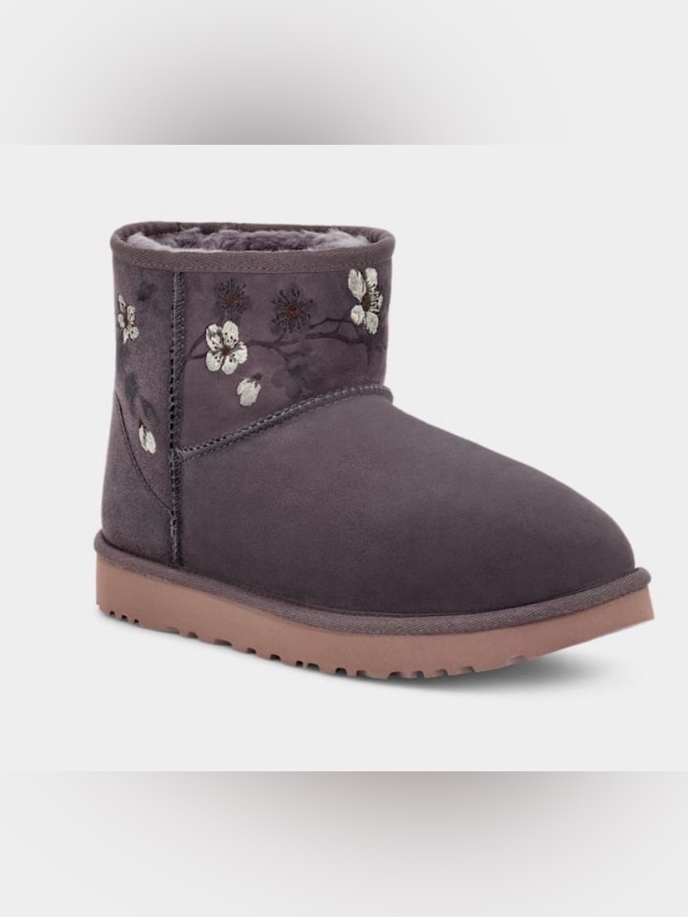 Kids Cozy Suede Ankle Boots in Plum with Floral Embroidery